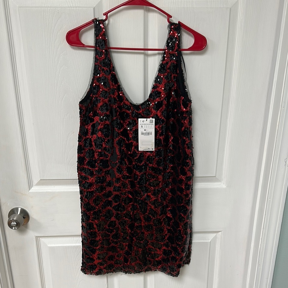 Zara Red and Black Sequin Dress